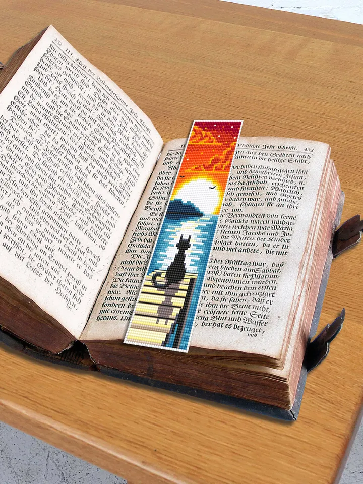 Bookmark cross stitch pattern download PDF Modern handmade bookmark digital Black cat embroidery beginners Sunset cross stitch chart #B59