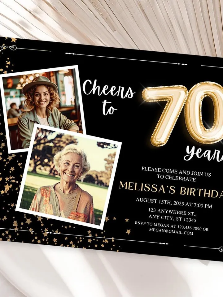 70th Birthday Invitation with Photo Adult Women's Cheers to 70th Birthday Invite Black and Gold Party Card for Grandma Canva Template
