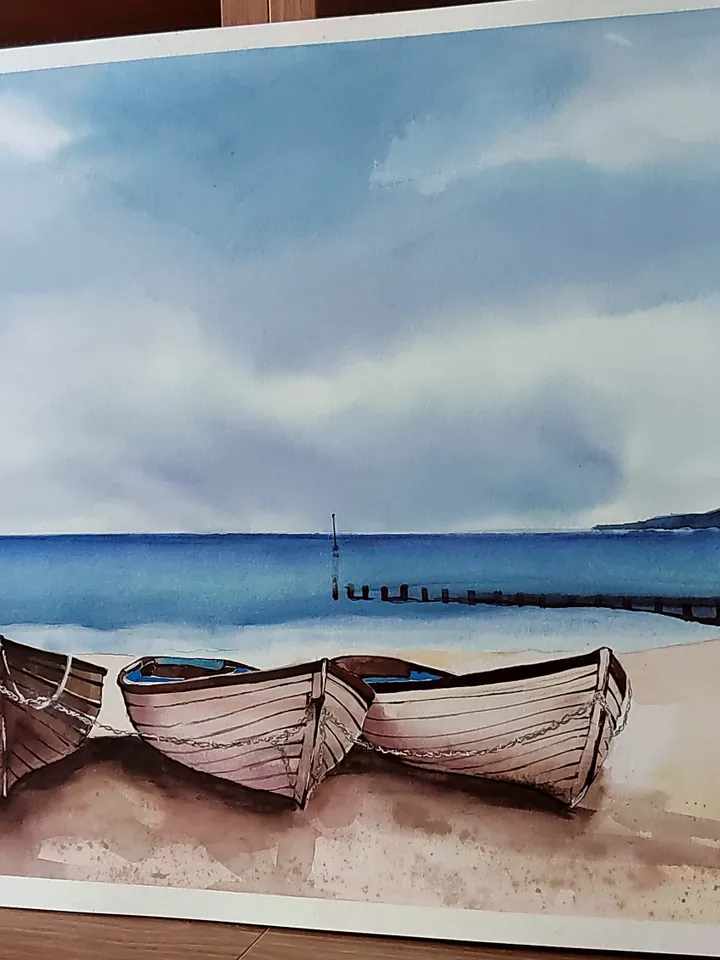 Original Watercolor Painting Sea Landscape Art Boats Artwork 30x40 cm by SoftWaves
