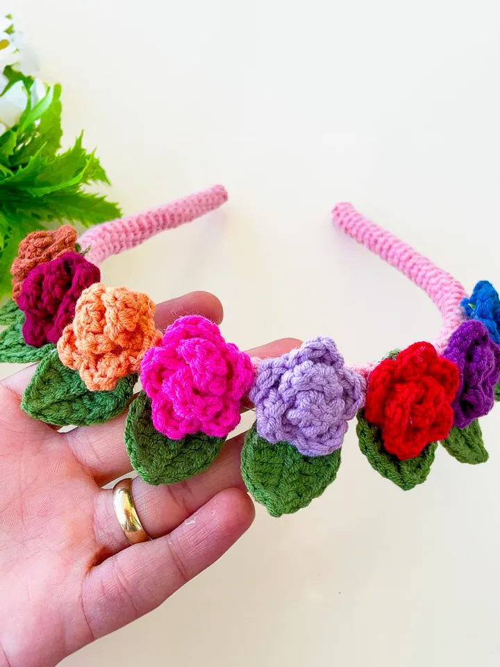 Colourful Crochet Rose Headband Design - Crochet Hair Bow Clip For Kids - Natural Headband Quick Pattern - Flower Baby Headbands