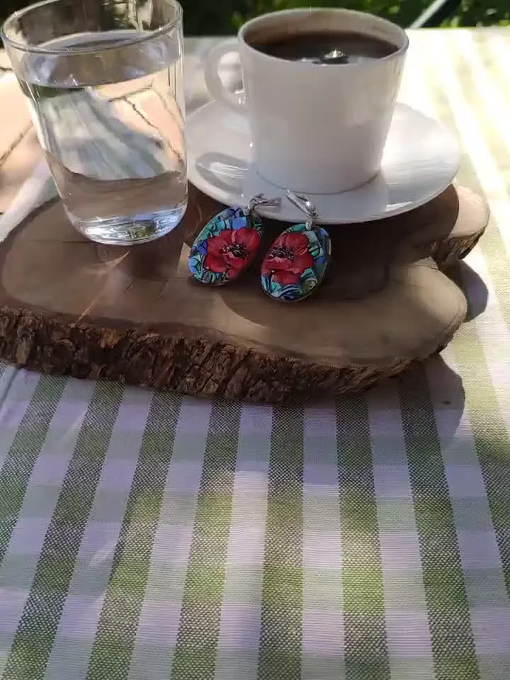 Pearl earrings: Delicate red Poppies flowers painted on Elegant earrings. Aesthetic floral design on unique handmade jewelry. Gift for her