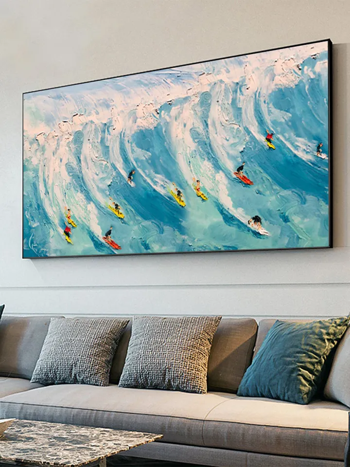 Original Surf Painting on Canvas Custom Painting Texture Wall Art Personalized Gift Blue Ocean Waves Nature Scenery Art Bedroom Wall Decor