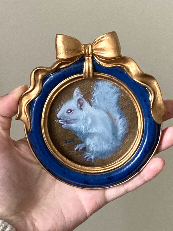 Framed Squirrel Oil Painting Original Albino Bird Art Dark Cottagecore Art Round Frame