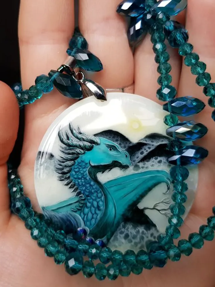 Dragon necklace. Miniature painting of dragon on mother of pearl pendant