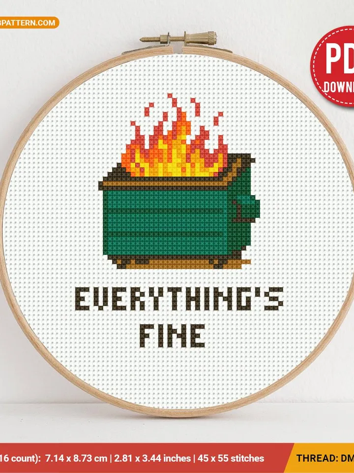 Dumpster Fire Cross Stitch Pattern - Everything is Fine, Funny Humor, beginner counted, modern chart, gift DIY, embroidery, instant PDF