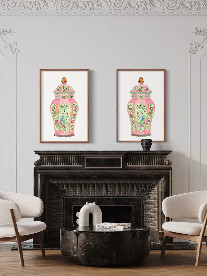 Pink Chinoiserie Ginger Jar Vase Set Of 2 Vintage Living room Wall Art Pagoda Porcelain Vases Apartment Art Print Living Room Wall Art Print