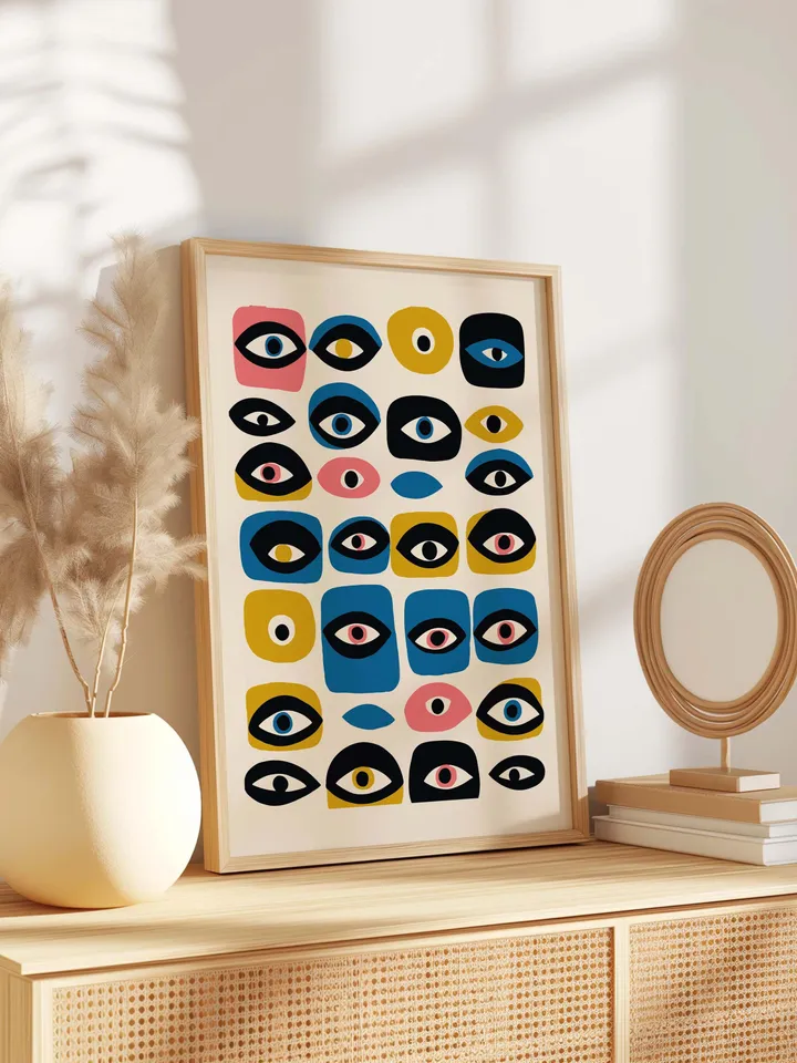 Colorful Eye Wall Poster, Whimsical Abstract Eye Art, Retro Grid Design, Mid Century Digital Print, Home Decor, Instant Download, crayz eyes