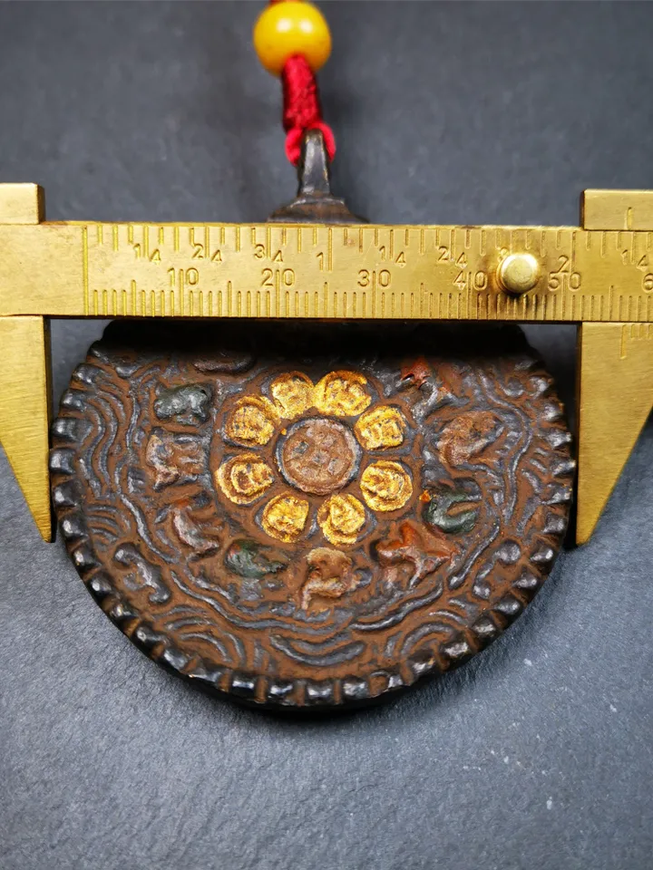 Gandhanra Vintage Tibetan Buddhist Calendar Badge, Black Dakini,Troma Nagmo Melong Mirror, SIPAHO Amulet(srid pa ho),Made of Thokcha,2.2"