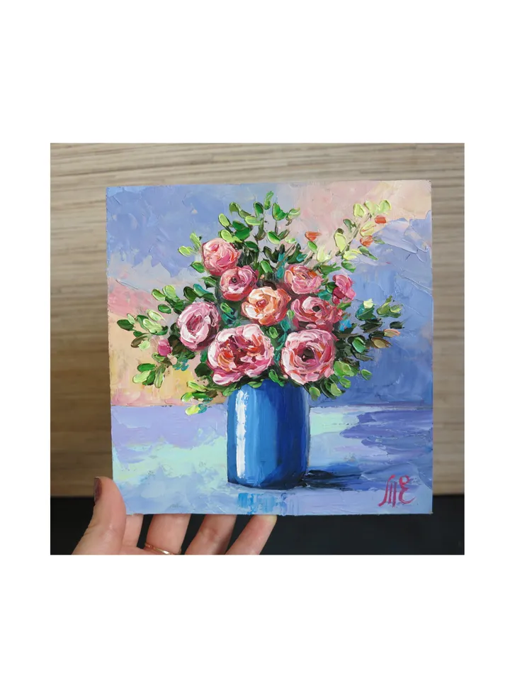 Original Oil Painting Colorful Bouquet of Flowers in Vase Home Decor