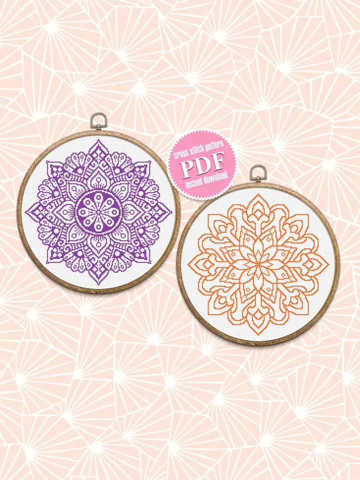 Mandala set cross stitch pattern download PDF Monochrome mandala cross stitch chart, Awesome pattern digital PDF, Mandala flower stitch #S25