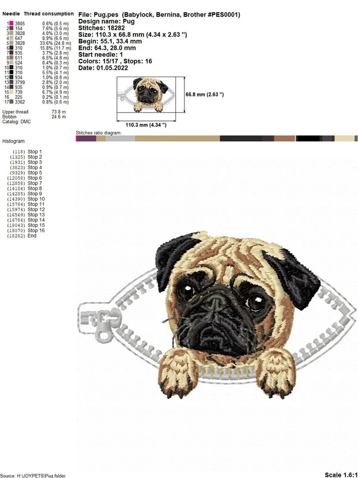 Pug in a zipper pocket Miniature realistic machine embroidery design Pet dog realistic pattern puppy embroidery motif