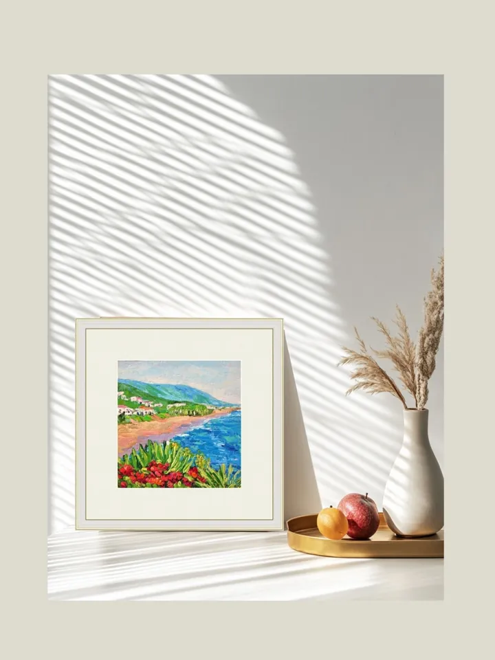 Original Oil Painting Vibrant Red Flowers and Ocean View Palette Knife Art Beach Landscape with Red Blooms Mini Artwork