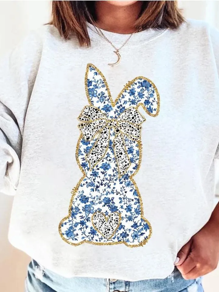 Glitter Easter Bunny Coquette PNG | Easter Day Png | Happy Easter Png, Grand Millennial Easter, Chinoiserie Bunny Blue Floral, Trendy Easter