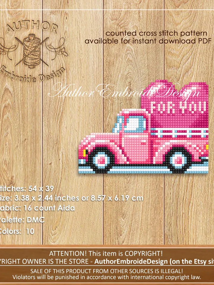 Valentine truck Corner bookmark cross stitch pattern PDF download Pink truck cross stitch chart Valentine bookmark pattern digital PDF #B398