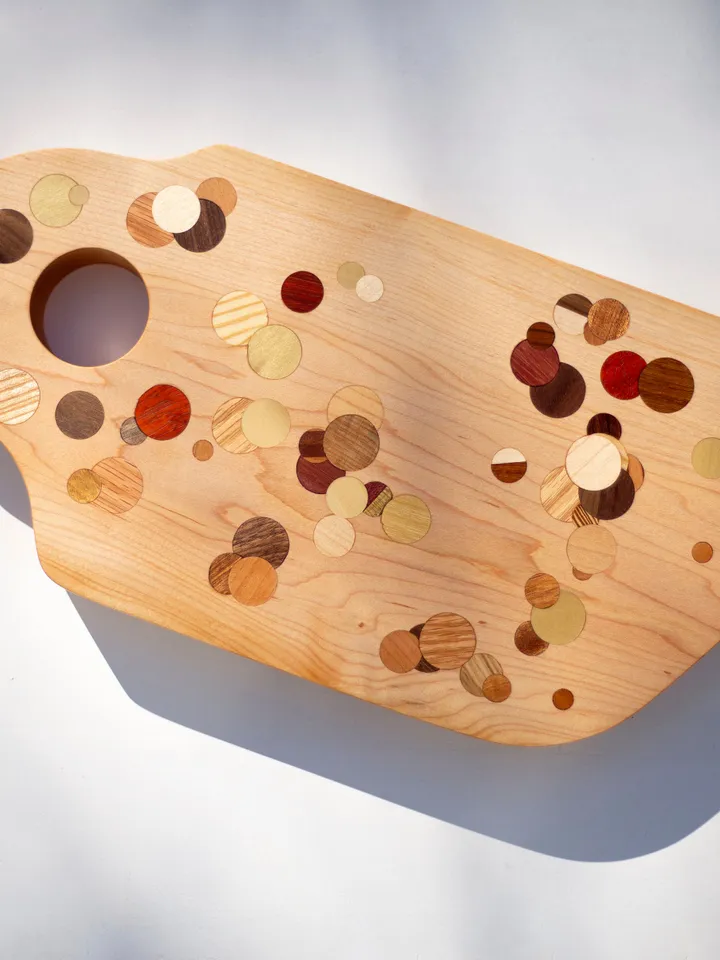 Maple Multi Color Polka Dot Inlay Kitchen Board with Handle Hole