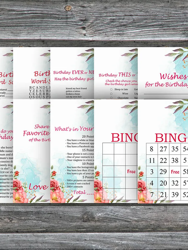 Roses Birthday Party Games bundle,Adult birthday games package,Printable Birthday Games,INSTANT DOWNLOAD