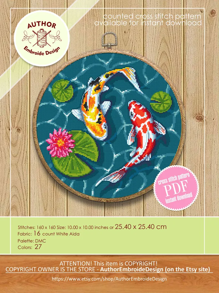 Koi pond cross stitch pattern download PDF Koi fish cross stitch chart, Fish embroidery design, Oriental decor, Water lily cross stitch #L50