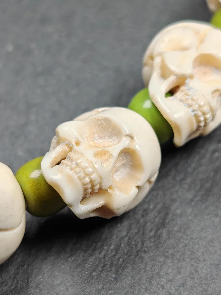 Authentic Tibetan Citipati Skulls Bead Bracelet | Unique White Deer Antler Carved Wrist Mala with Mixed Turquoise