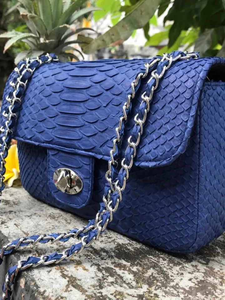 Blue Genuine Python Skin Crossbody Chain Bag | Bright Summer Bag | Elegant Women Bag | Chain Strap Crossbody Deep blue classy Purse