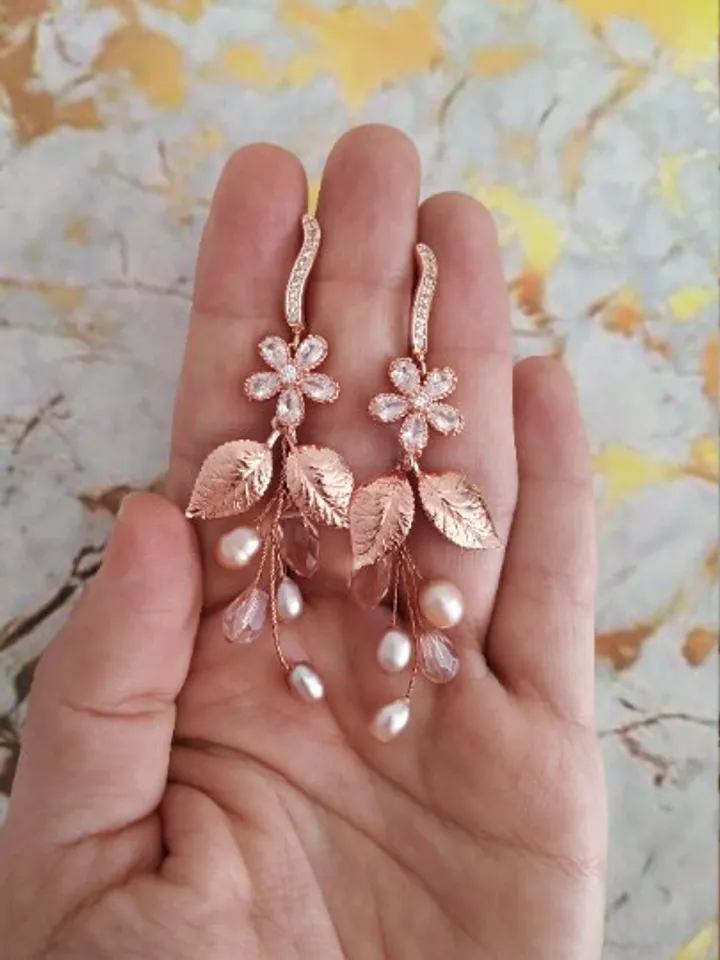 Rose Gold Diamond Bridal Earrings | Boho Statement Wedding Earrings | Floral Wedding Jewelry | Bridesmiad Gift | Pearl Bridal Jewelry |