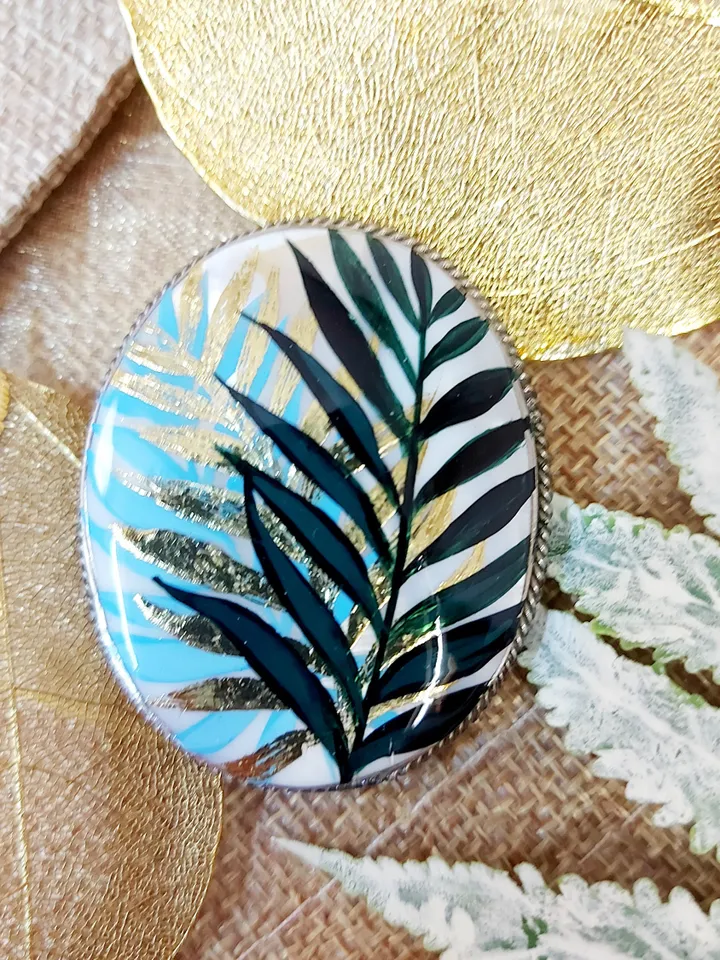 Brooches for women: Green leaves on pearl brooch for girl summer dress • trendy handmade jewelry • dainty painted pin with botanical design
