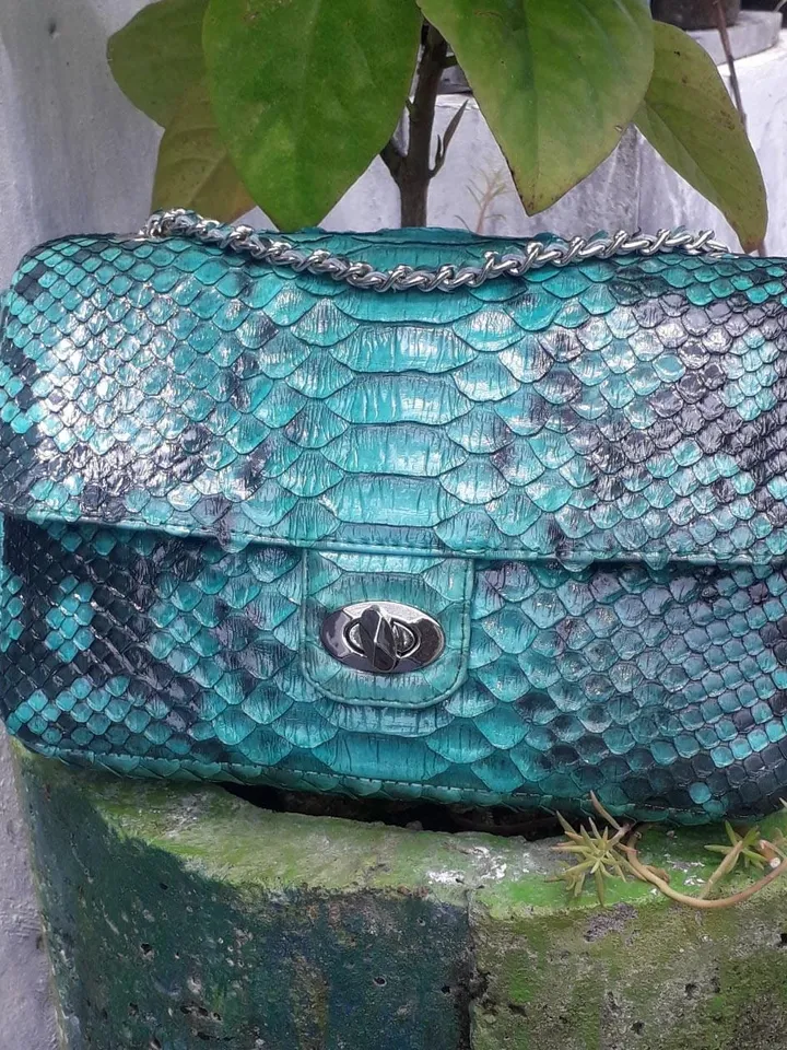 Genuine Python Skin Green Color Shiny Chain Bag | Shoulder Bag | Crossbody Bag | Green Leather Bag | Woman Classy Bag | Python Skin Bags