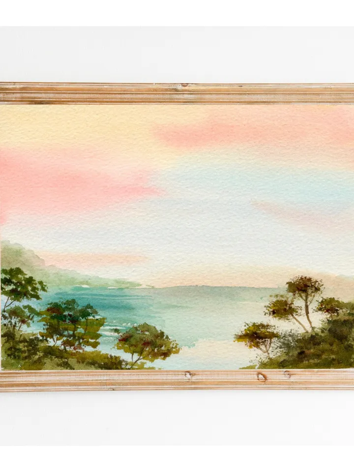 Colorful Landscape Watercolor Painting Art Print, Pink Sunset Art, Pastel Color Art, Boho Office Decor, Pink Landscape, Preppy Girl Decor