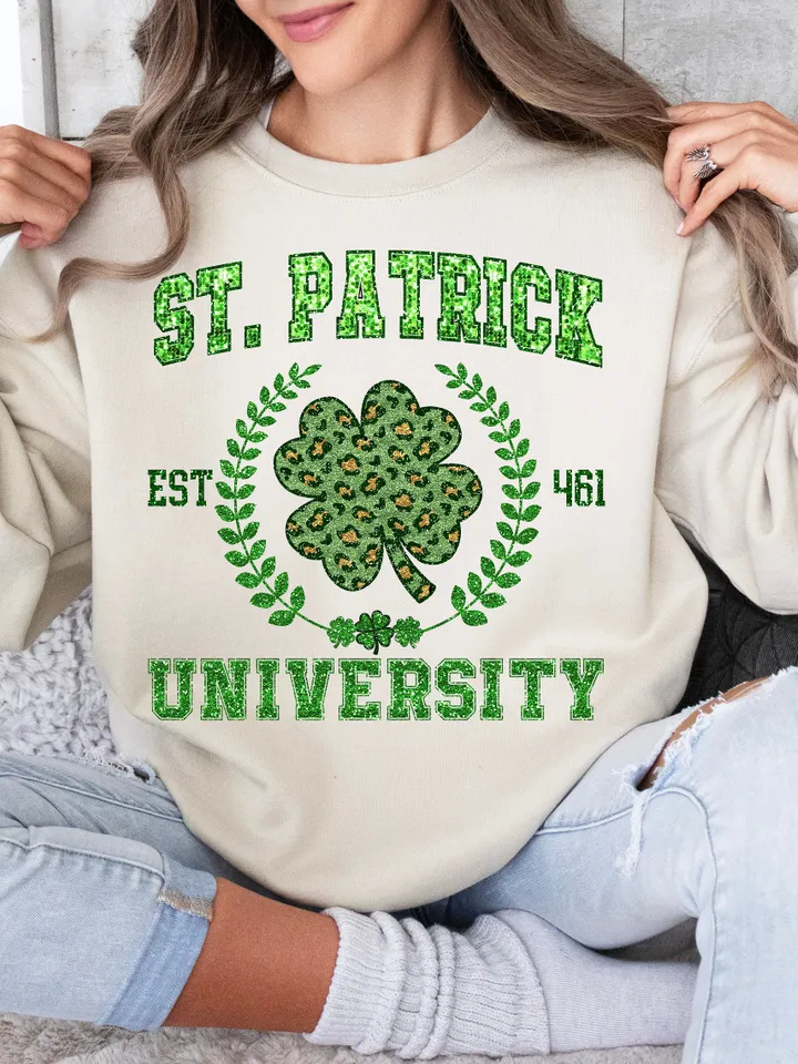 Faux Sequin St. Patrick University Png, St Patty's Faux Clover png, St Patricks Day Green Glitter Png, Shamrock png, trendy st patrick