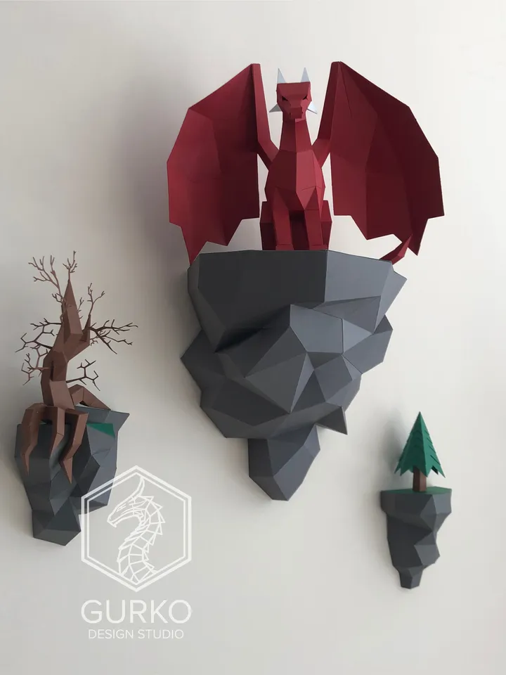 Papercraft Flying Island. Seated Dragon, Digital Template, PDF Download, Gurko, 3D Low Poly, Pepakura, DIY Origami Sculpture, Paper Decor