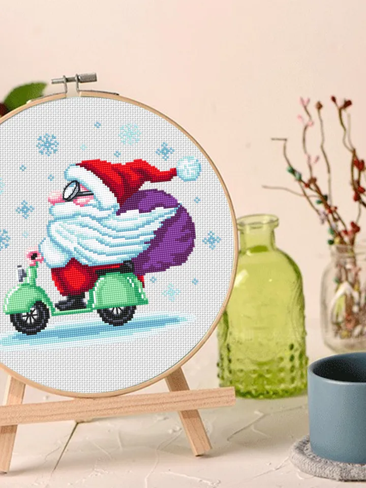 Funny Christmas santa cross stitch pattern download PDF, Santa Claus cross stitch chart, Winter holiday embroidery, Santa on motorbike #N65