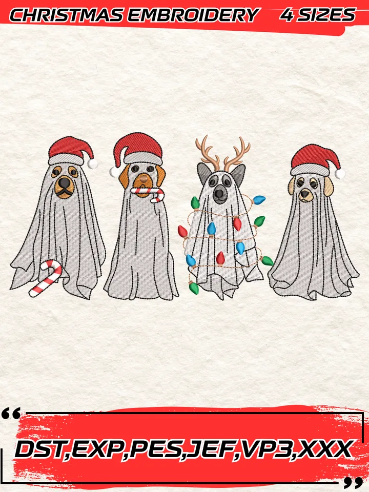 Four Ghost Dog Spooky Embroidery Design,Dog Spooky Embroidery,Christmas Embroidery Design,4 Sizes,Digital Download