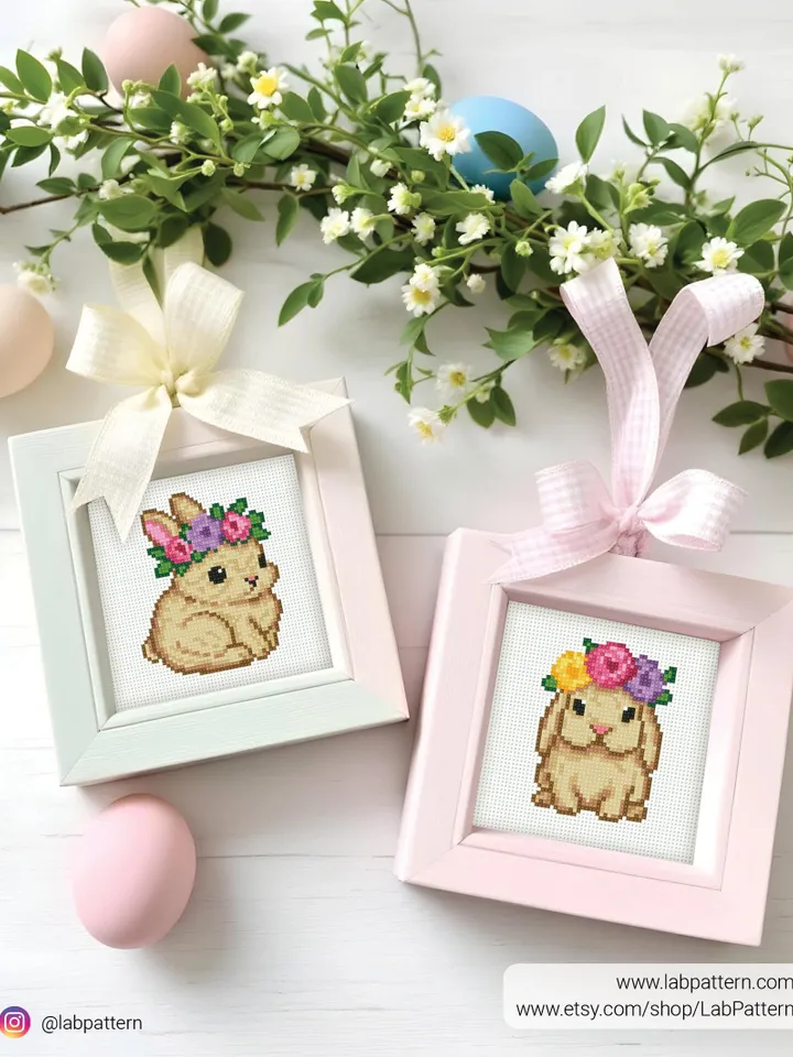 Bundle of 2 mini cute Bunny Cross stitch pattern, contemporary, Easter Rabbit, beginner counted, modern chart, DIY, embroidery, instant PDF