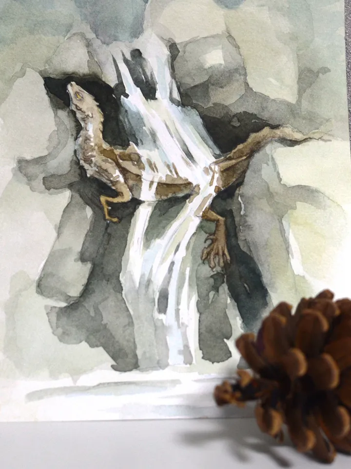 Small art Dragon waterfall Original fantasy painting by Yulia Evsyukova