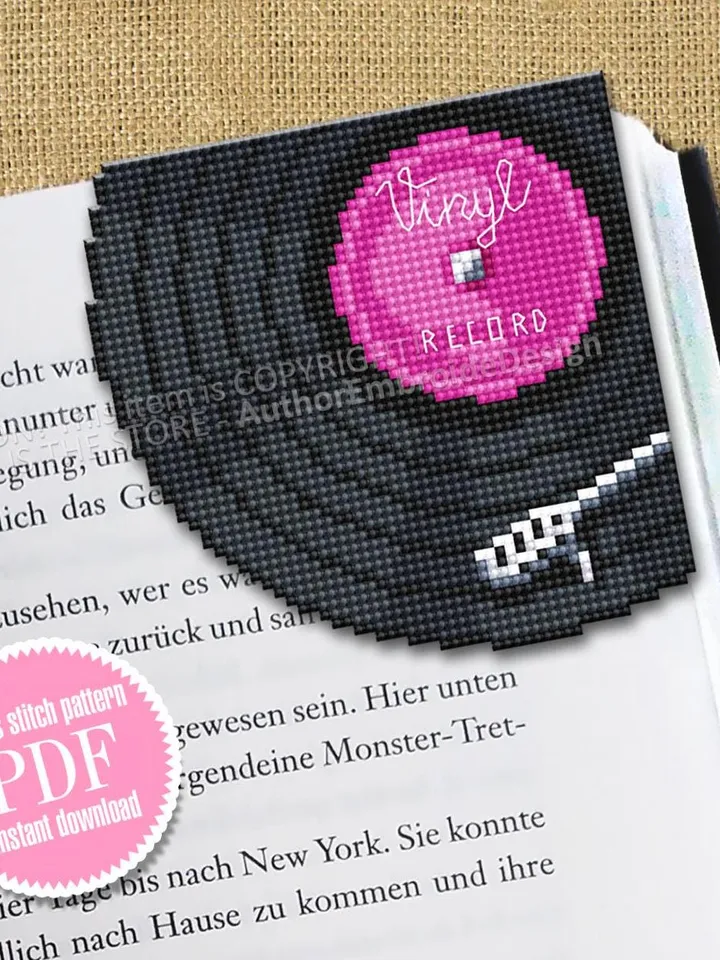 Corner bookmark cross stitch pattern PDF download Vinyl record cross stitch chart, Music bookmark pattern digital PDF, Retro vintage #B348