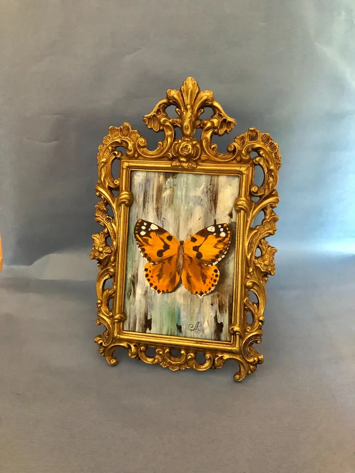 Butterfly Painting Framed Antique Metal Frame Shabby Chic Painting
