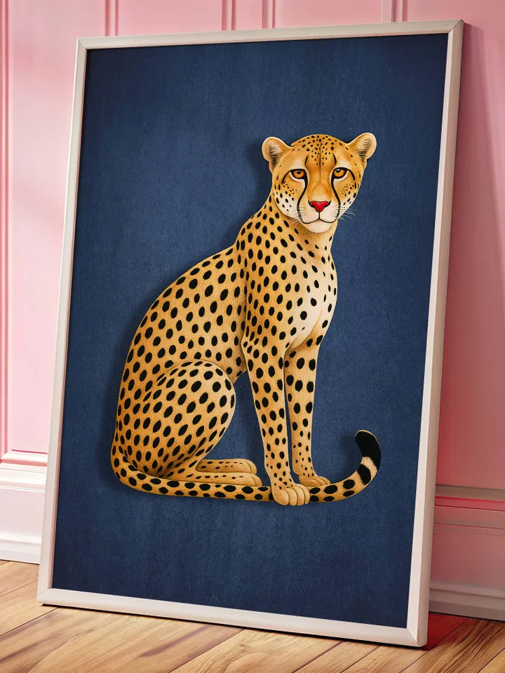 Cheetah Leopard Art Print: Dark Blue Modern Maximalist Decor (Digital Download, JPG Files Included)