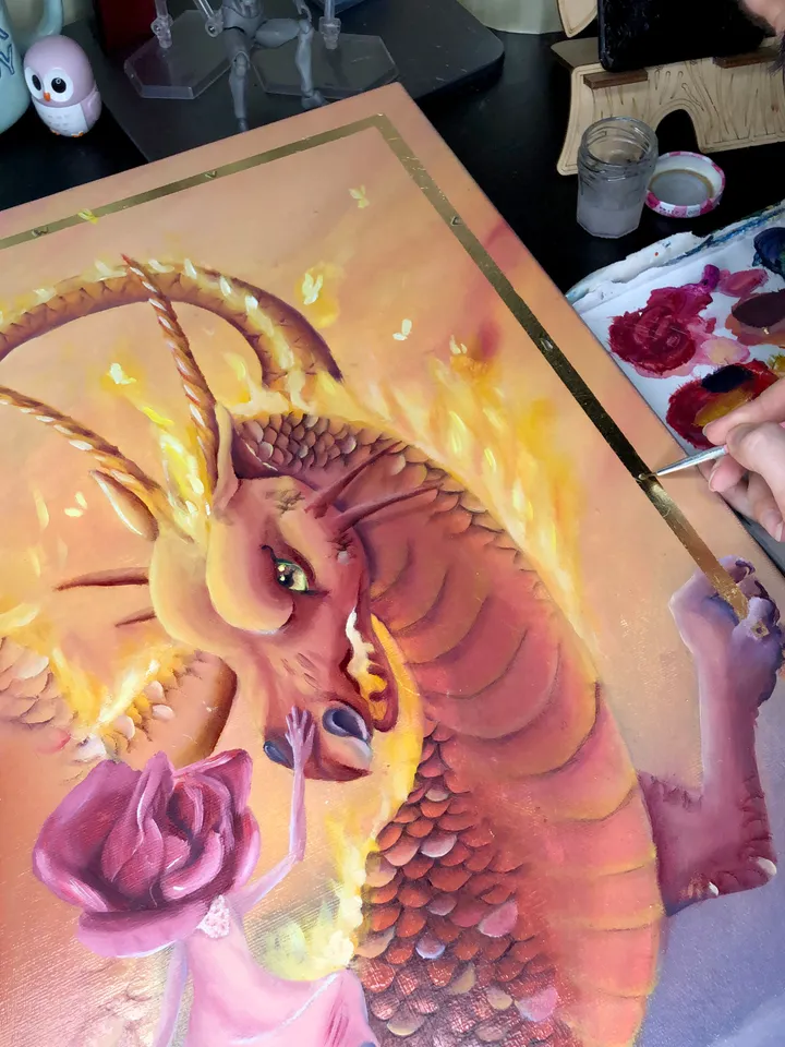Dragon Painting Rose Original Oil Artwork Symbolism Art
