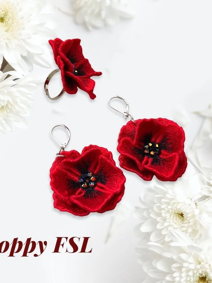 Poppy FSL machine embroidery designs Lace embroidery pattern 3D flower embroidery motif Flower FSL embroidery Earrings FSL