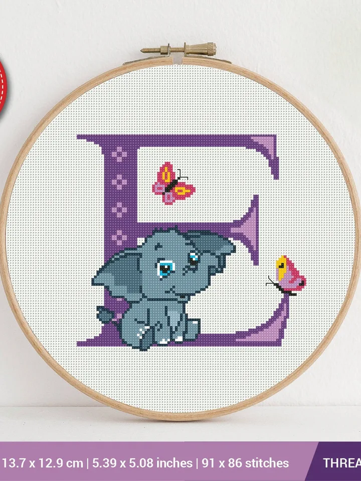 Letter E Elephant Cross stitch pattern | Embroidery Pattern | Instant Download | Embroidery Designs