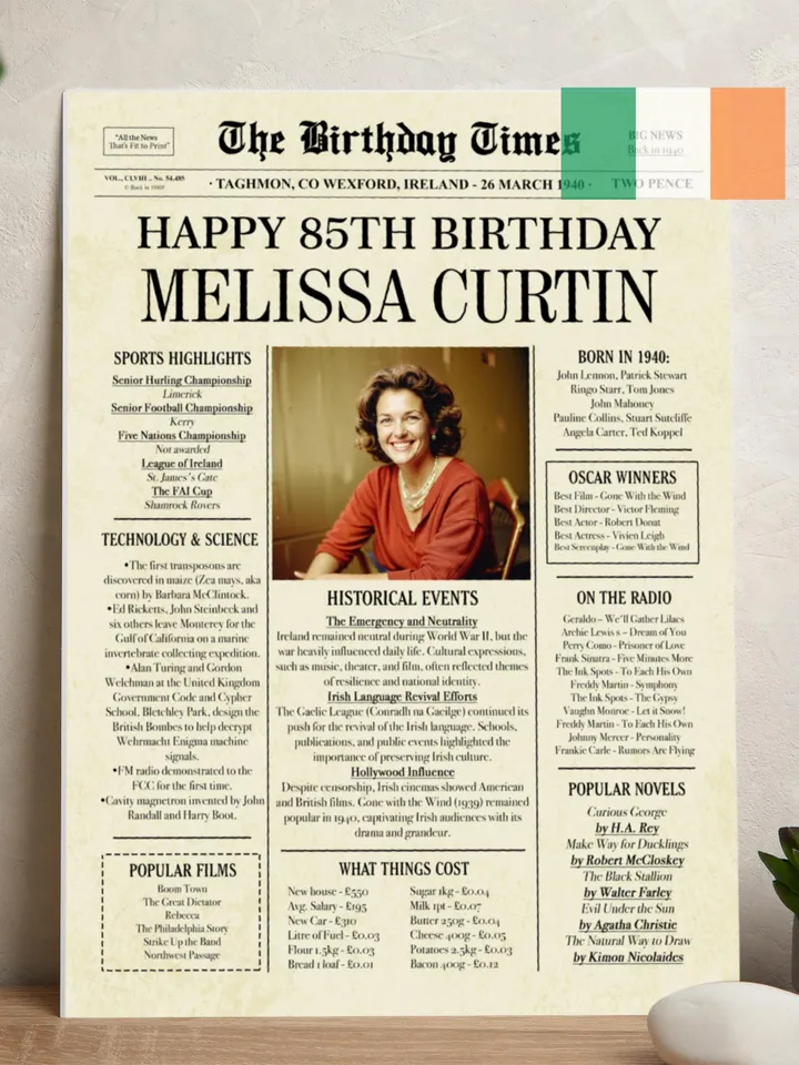 85th birthday poster, 85th birthday NEWSPAPER poster, 85th birthday gift for mom or dad, back in 1940 for Ireland, Irish fun facts 1940
