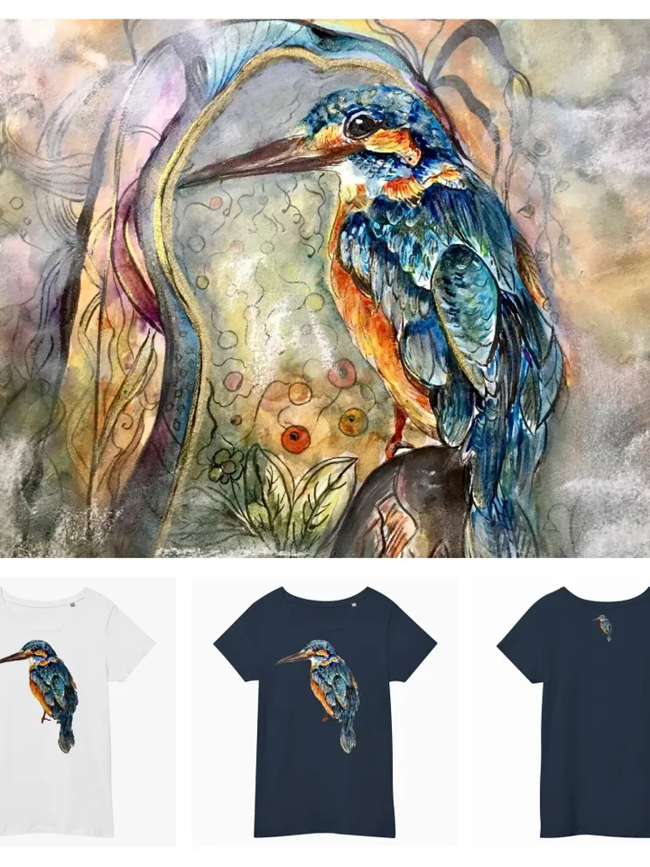 Kingfisher Women’s basic organic t-shirt made with my original watercolour painting,birds t shirts,unique handmade designer shirts for sale