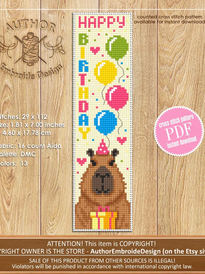 Birthday bookmark set cross stitch pattern PDF download Funny animals cross stitch, Simple bookmark pattern digital PDF Happy birthday #B462