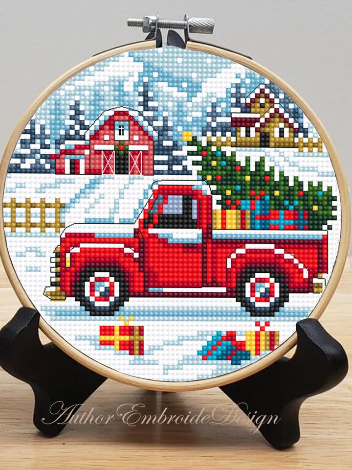 Red truck christmas cross stitch pattern PDF download Winter landscape cross stitch, Christmas pattern digital PDF Christmas farm barn #N177