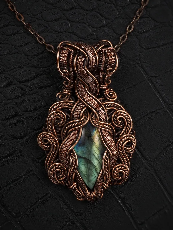 Labradorite pendant for women Wire wrap copper necklace Handmade artisan jewelry