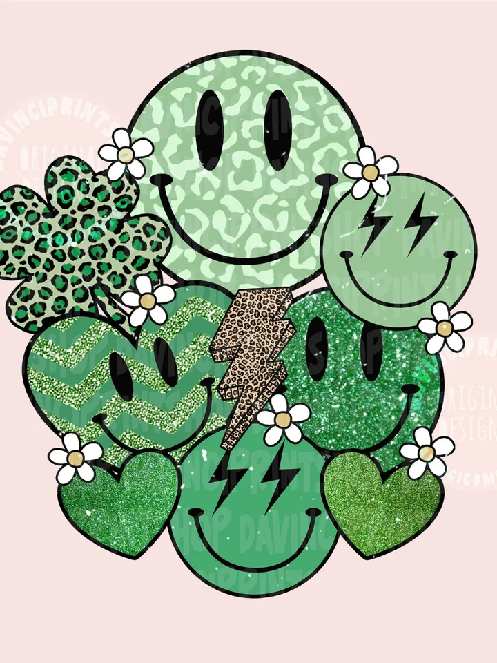 St Patty’s Day Green Smile Png, St Patricks Day Love Smile Clover Hearts Retro Groovy, St patricks day png, Retro st patricks day png, png