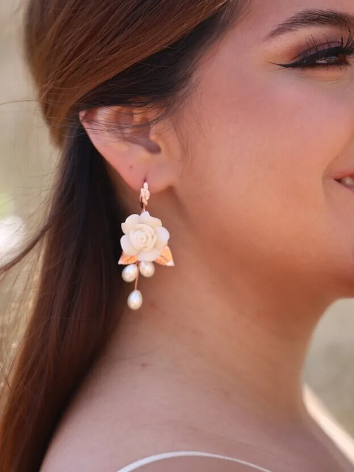Rose Gold Boho Wedding Earrings, Delicate Porcelain Flowers Wedding Earrings, Pearl Teardrop Bridal Earrings, Statement Leaf Wedding Jewelry