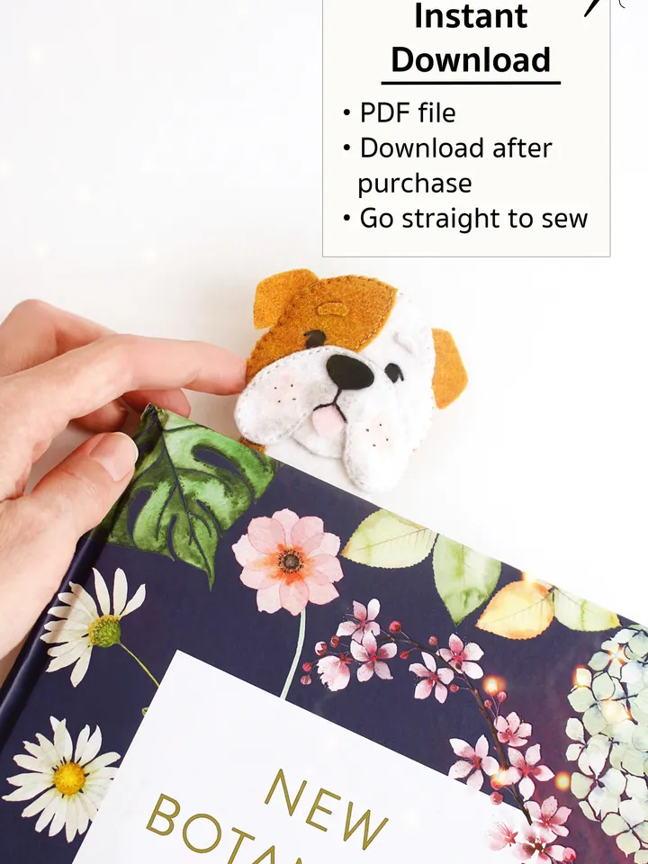 Felt long English bulldog bookmark hand sewing PDF tutorial with patterns. DIY dog breed bookmark. Book and pets lover gift. Felt school supplies
