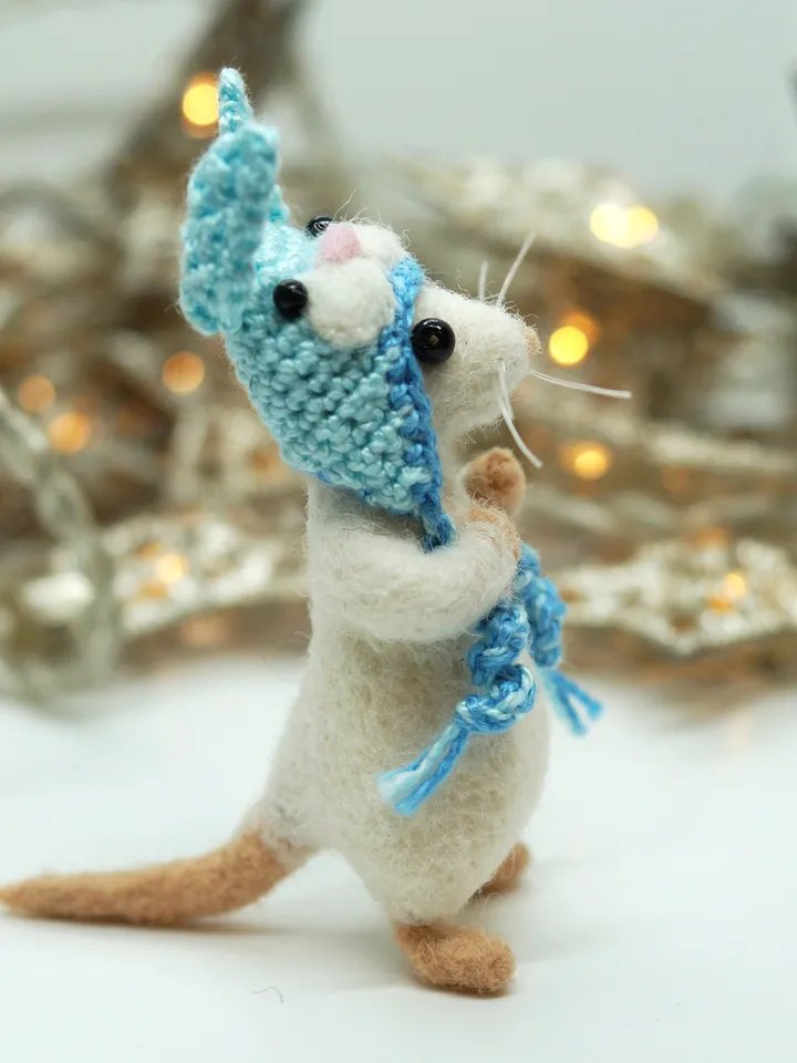 Timmy the mouse, miniature needle felted white mouse in a rabbit hat, made to order