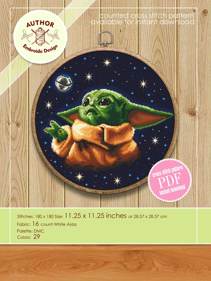Green baby Yoda Grogu  cross stitch pattern instant download PDF, Fantasy movie Mandalorian heroes cross stitch chart, Fun art,  Star Wars Characters, Starry night sky #SW1