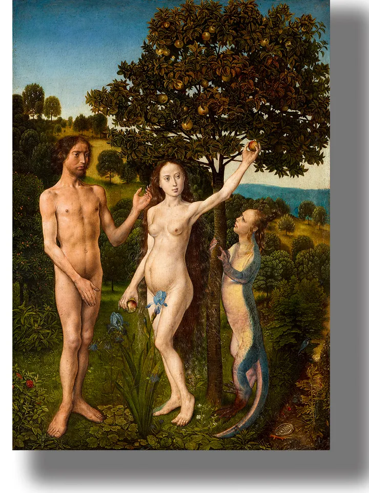 The Fall into sin. Adam and Eve take an apple from the Tree of Knowledge.